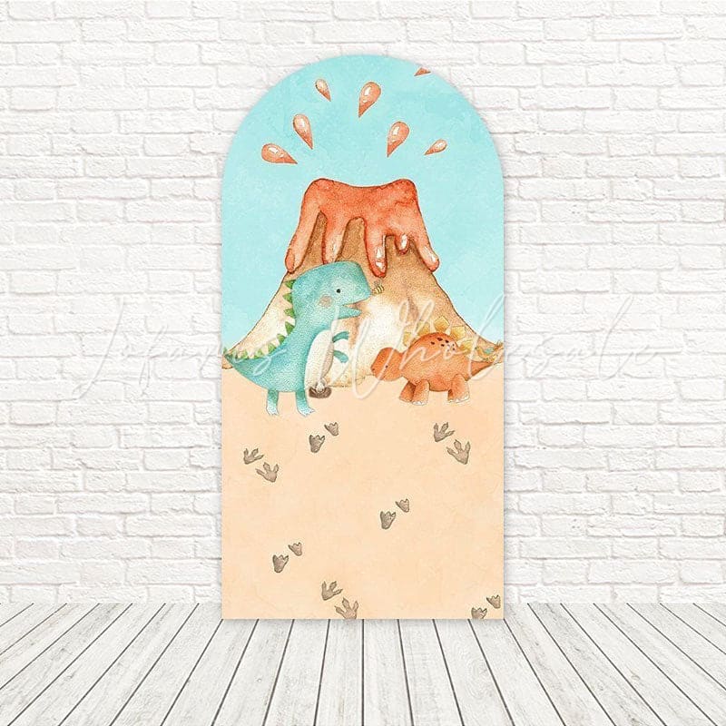 Toile de fond pour arche fun volcan bébé dino pour fêtes enfants préhistoriques