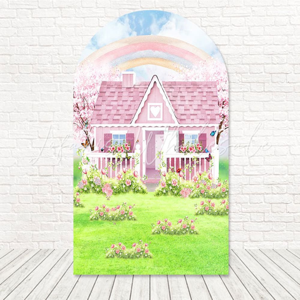 Toile de fond pour arche jolie chambre rose maison de poupée pour fête fille