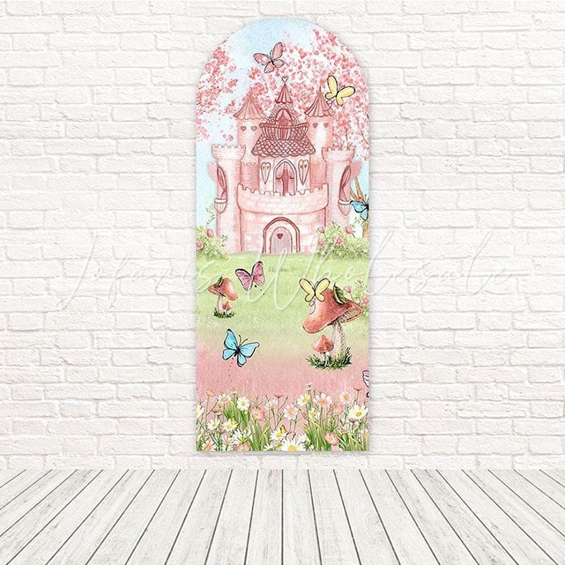 Toile de fond pour arche célébration livre de contes magique château rose fée