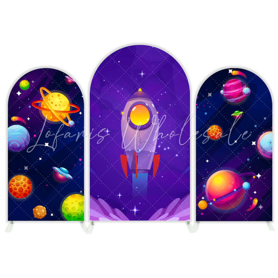 Toile de fond pour arche fête anniversaire Baby Shower dessin animé galaxie