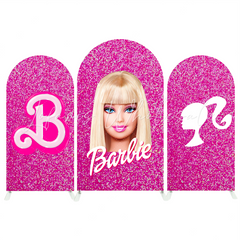 Toile de fond pour arche Joyeux Anniversaire tête Barbie paillettes