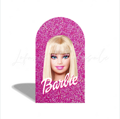 Toile de fond pour arche Joyeux Anniversaire tête Barbie paillettes