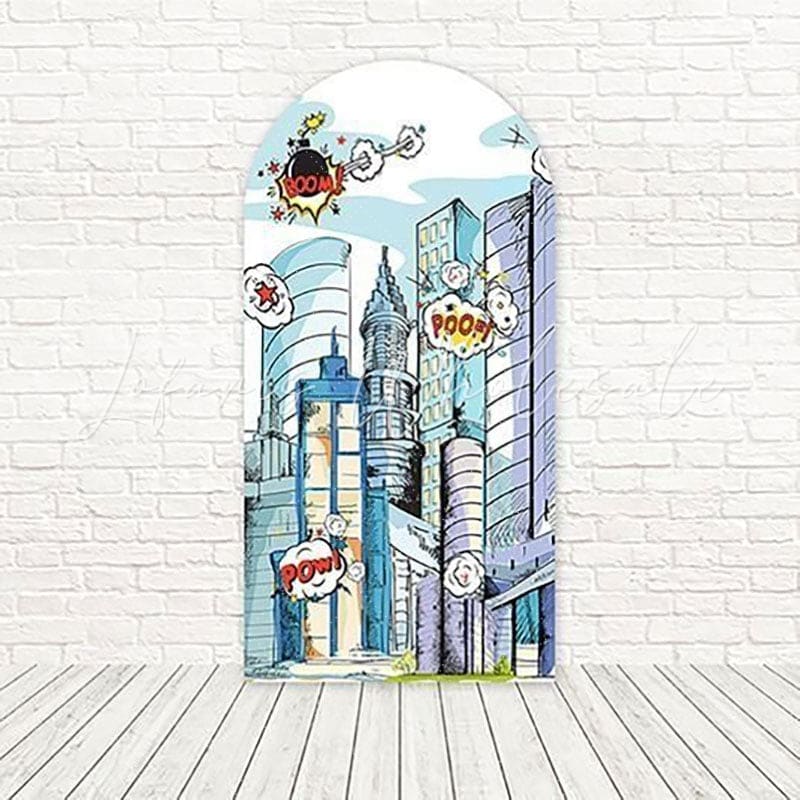 Toile de fond pour arche super-héros urbain immeubles Marvel Comics pour événement comics