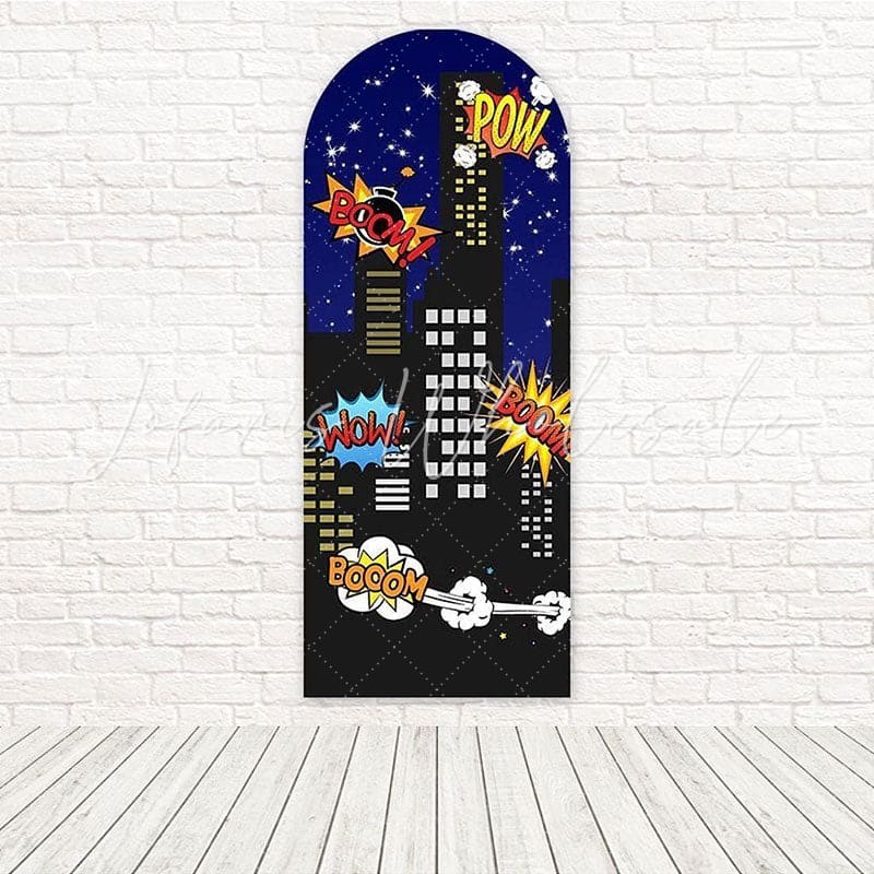 Toile de fond pour arche événement fan action immeubles super-héros Marvel