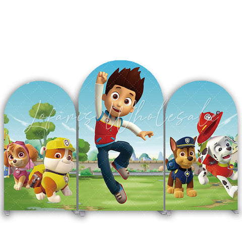 Kit toile de fond pour arche dessin animé famille maître avec chien