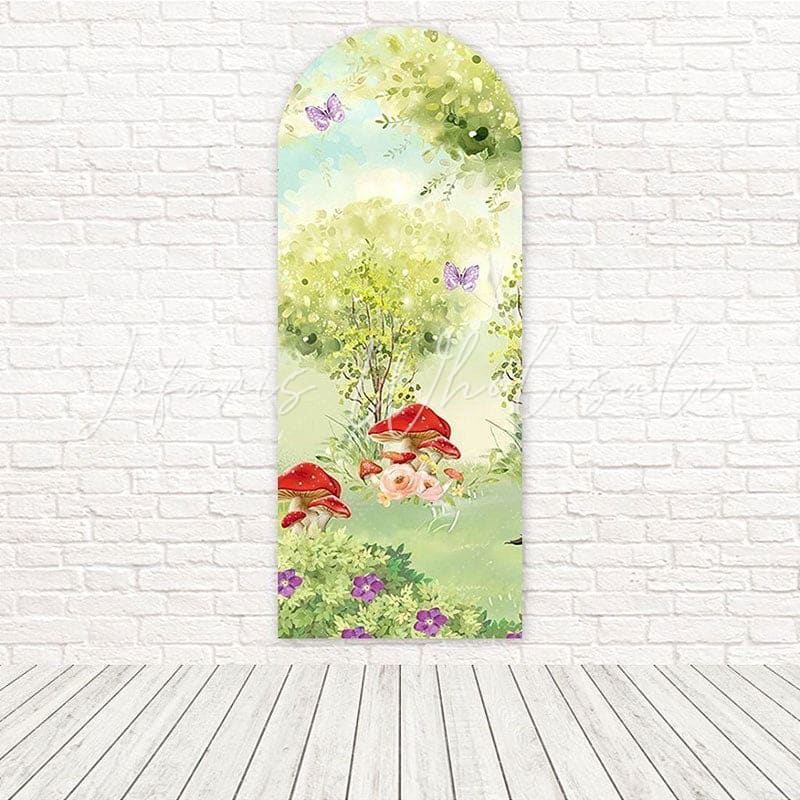Toile de fond pour arche sentier champignons magiques forêt champignons pour fête fée