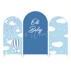 Toile de fond pour arche montgolfière bleue Oh Baby pour anniversaire Baby Shower révélation genre