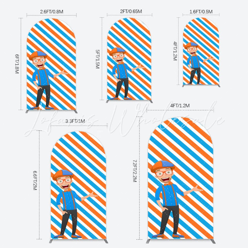 Toile de fond pour arche Joyeux Anniversaire Blippi dessin animé rayures orange bleu