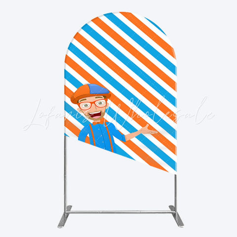 Toile de fond pour arche Joyeux Anniversaire Blippi dessin animé rayures orange bleu