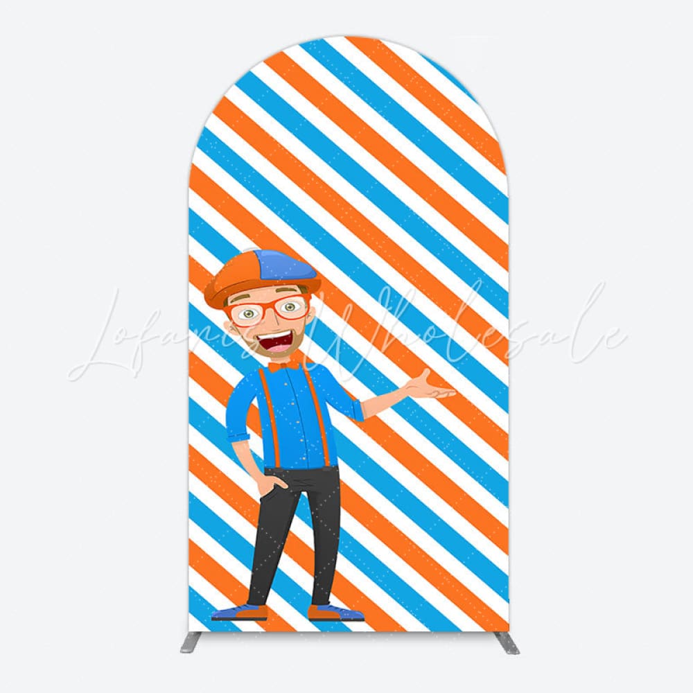 Toile de fond pour arche Joyeux Anniversaire Blippi dessin animé rayures orange bleu