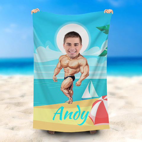 Personnalisé Muscle Homme Bleu Plage Serviette Avec Photo