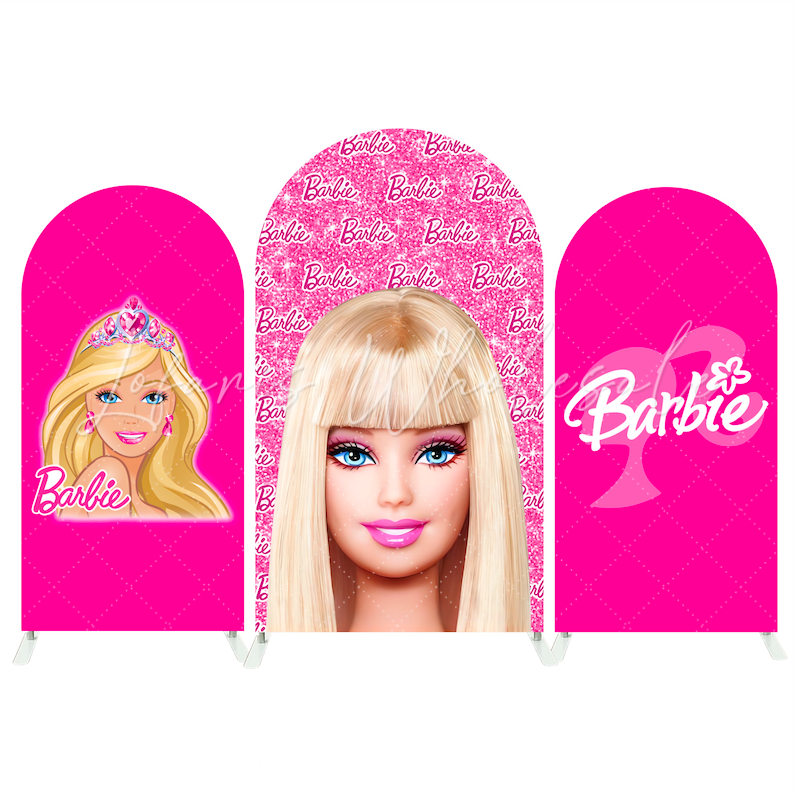 Toile de fond pour arche Joyeux Anniversaire tête Barbie rose