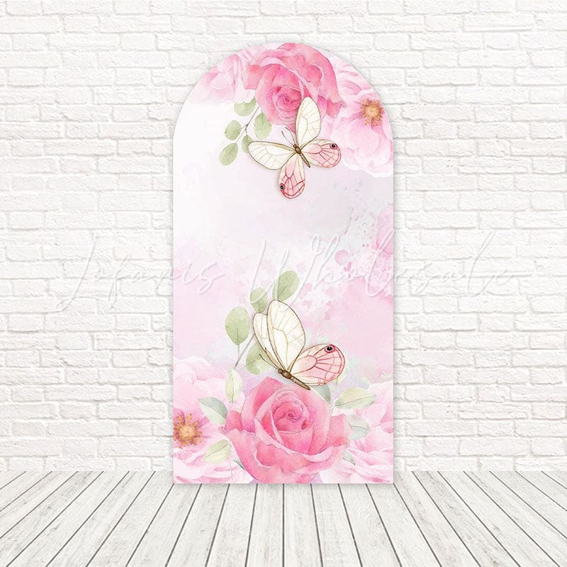 Toile de fond pour arche floraison printemps papillons fleurs roses pour séance photo extérieur