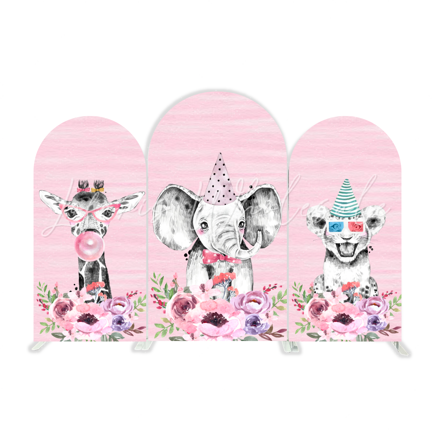 Housse pour arche Joyeux Anniversaire animal safari rose