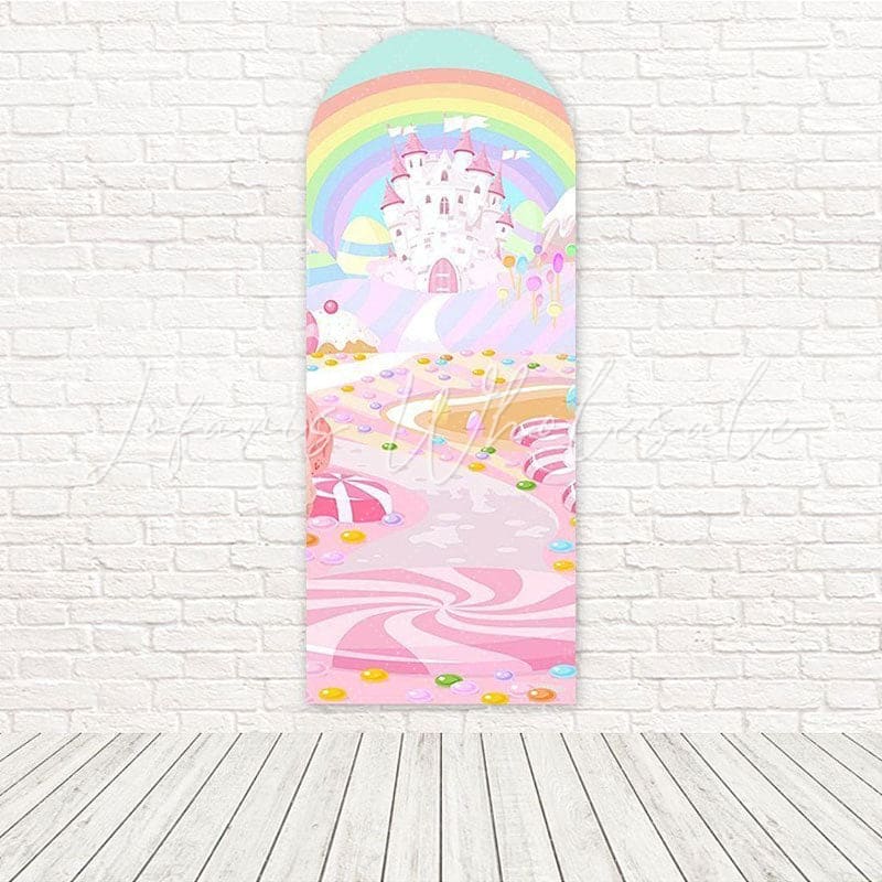 Toile de fond pour arche aventure douce fantaisie château bonbons arc-en-ciel