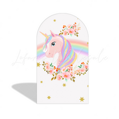 Toile de fond pour arche Joyeux Anniversaire licorne flore arc-en-ciel