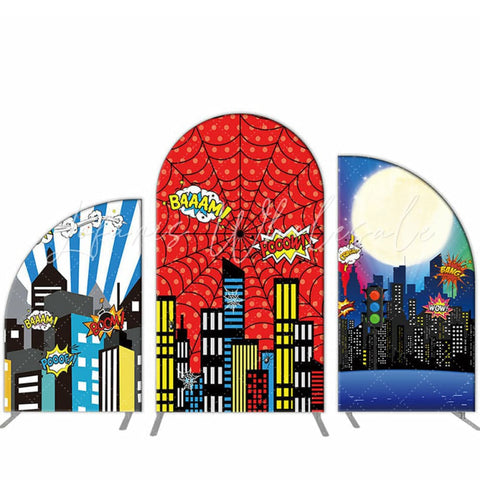 Kit toile de fond pour arche anniversaire ville nuit toile d'araignée rouge