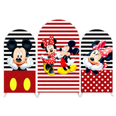 Toile de fond pour arche fête anniversaire Mickey et Minnie rayures rouges