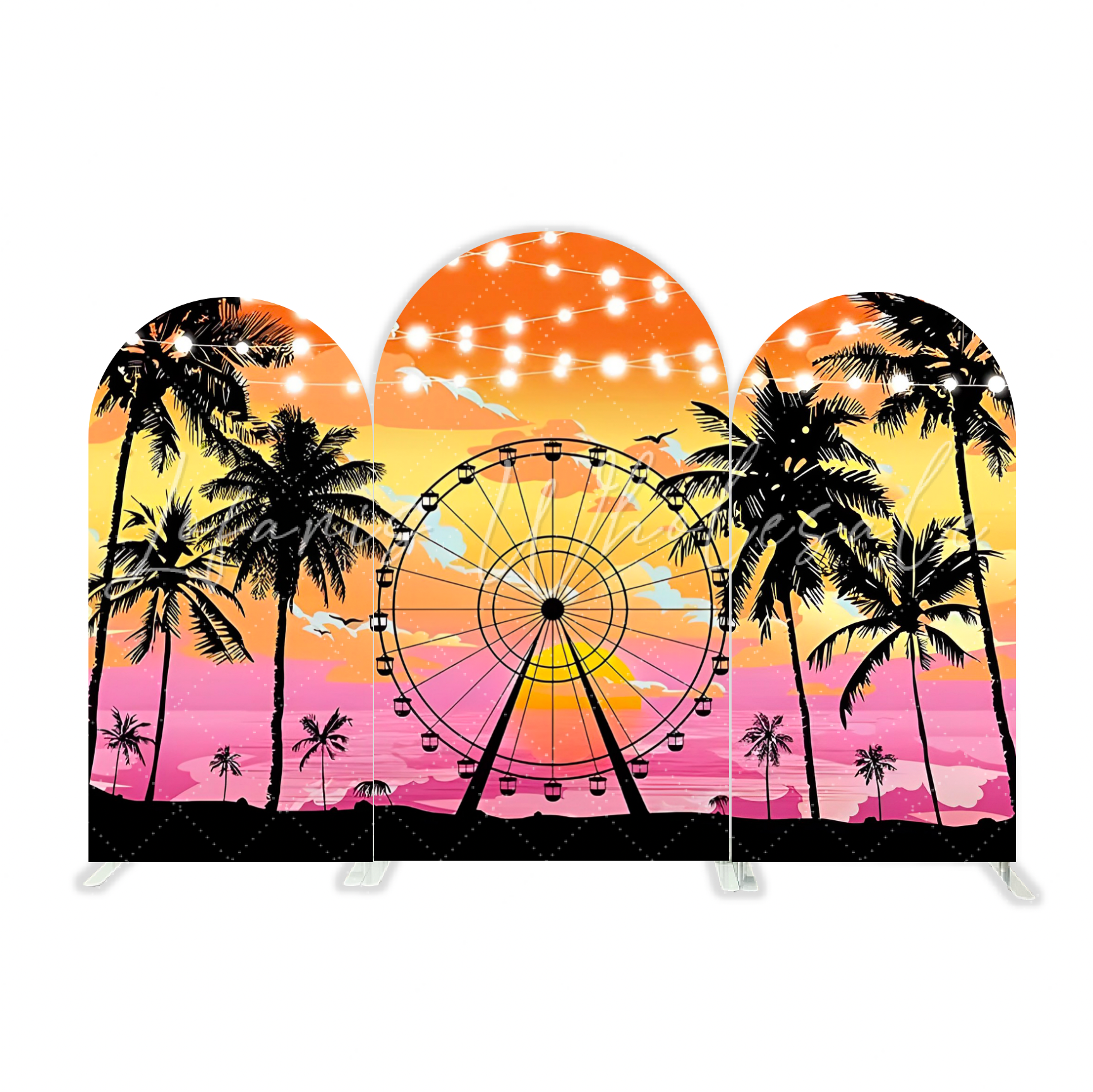 Toile de fond pour arche fête palmier coucher de soleil plage sable
