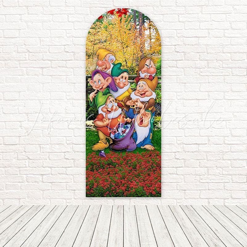 Toile de fond pour arche scène bois Blanche-Neige sept nains pour fête conte de fées