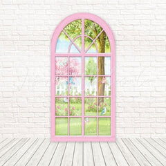 Toile de fond pour arche vue fenêtre floraison jardin printemps pour shoot floral frais