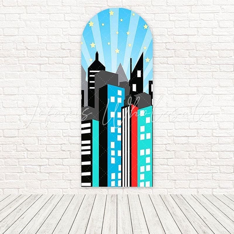 Toile de fond pour arche joie fête costumée vue colorée pâté de maisons super-héros