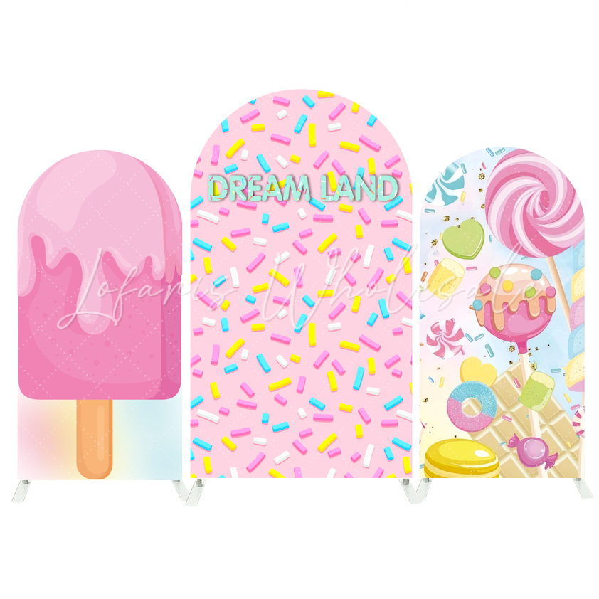 Toile de fond pour arche fête anniversaire Baby Shower thème bonbon beignet sucré