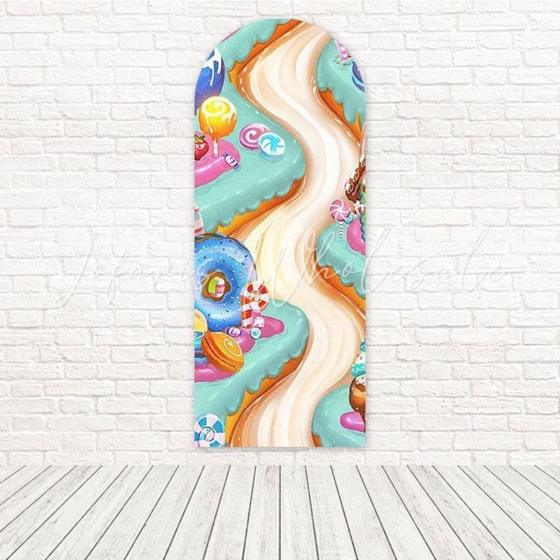 Toile de fond pour arche événement thème dessert fantaisiste rivière bonbons sucreries