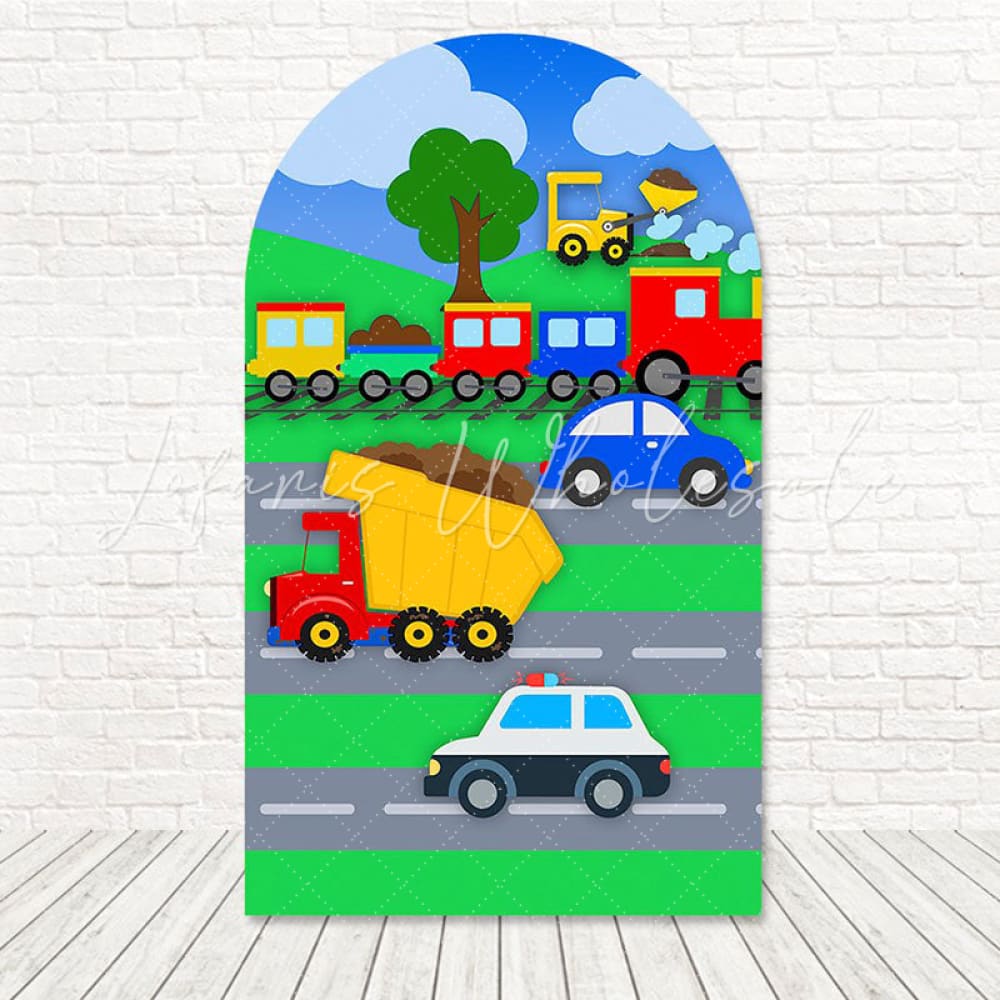 Toile de fond pour arche vitesse ludique voitures jouets pour fête petit coureur
