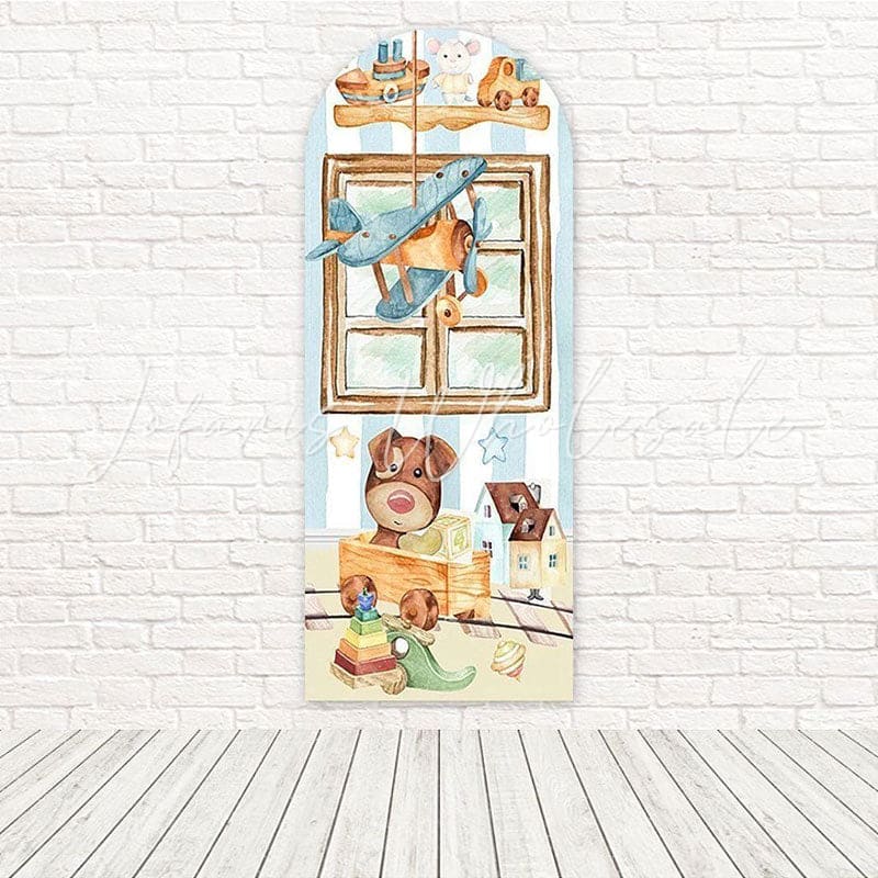 Toile de fond pour arche motif ludique brillant rayure jouets pour jour anniversaire fun