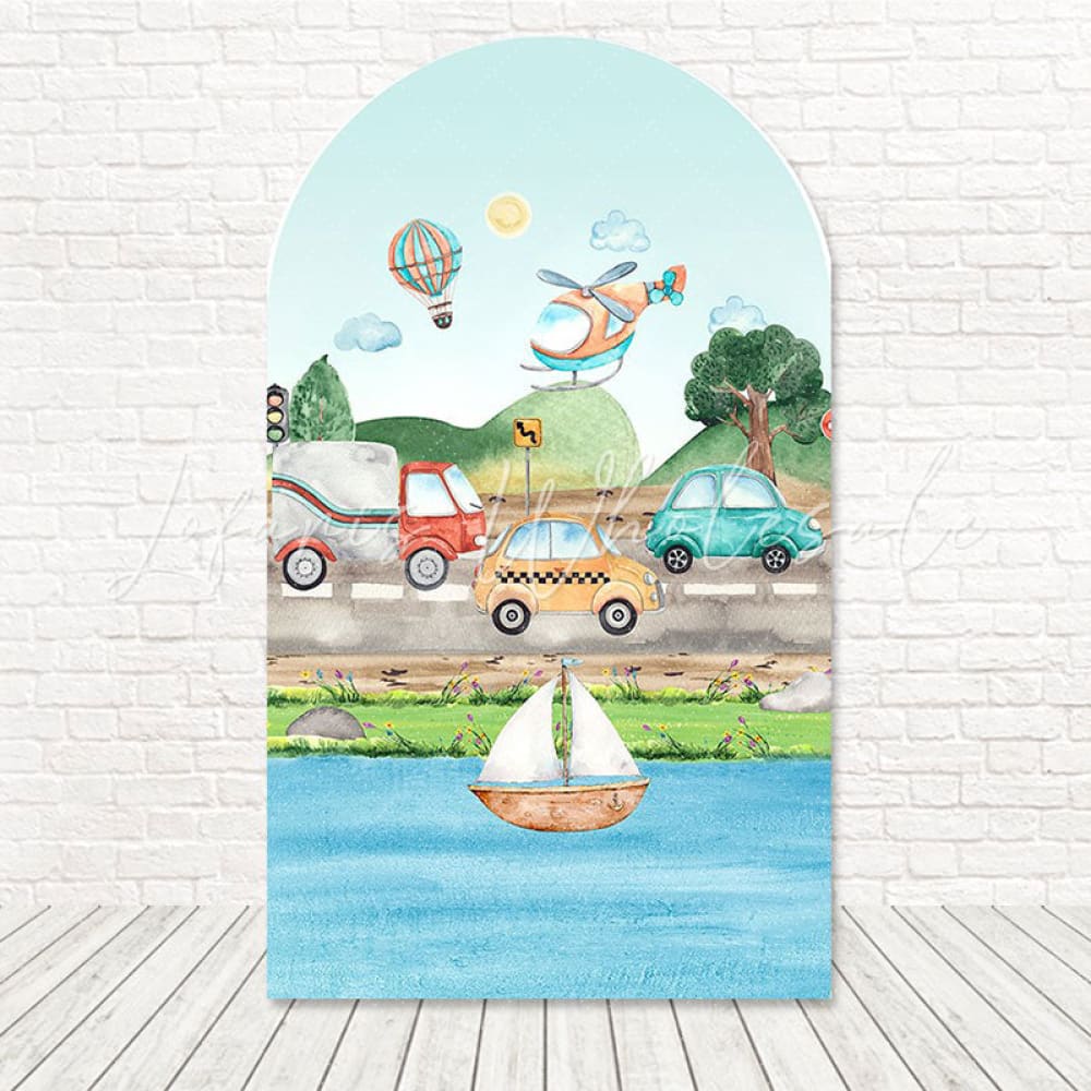 Toile de fond pour arche voitures route transport fun pour fête thème véhicules