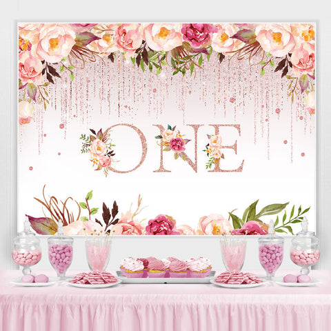 1er Anniversaire Rose Floral Glitter Party Toile de Fond pour les Filles