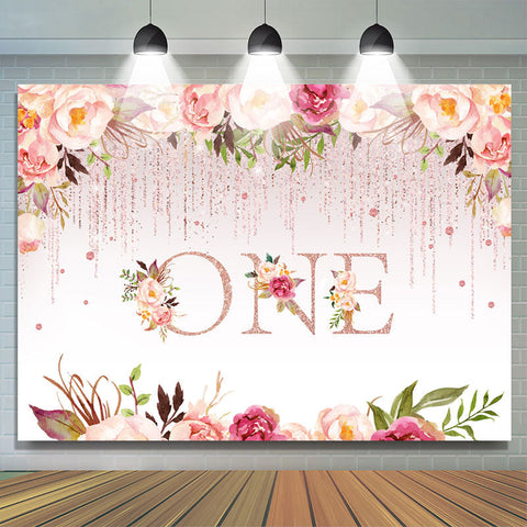 1er Anniversaire Rose Floral Glitter Party Toile de Fond pour les Filles