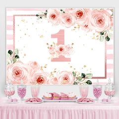 Toile de fond d'anniversaire à rayures florales roses pour 1er anniversaire pour filles