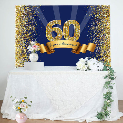 Heureux 60ème Anniversaire Royal Bleu Or Paillettes Toile de fond pour Photos