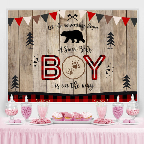 Un doux garçon est sur le chemin en bois Baby Shower Backdrop