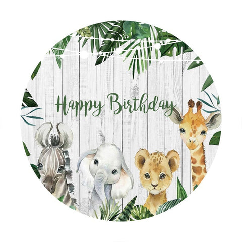 Animaux Et Toile De Fond De Cercle Joyeux Anniversaire En Bois Blanc