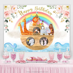 Animaux sur la toile de fond de joyeux anniversaire arc-en-ciel de bateau