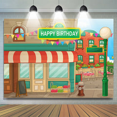 Toile de fond animée de joyeux anniversaire de thème de rue de maison