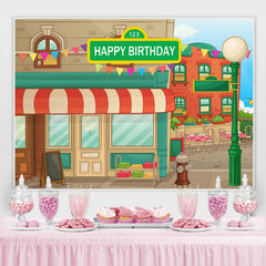 Toile de fond animée de joyeux anniversaire de thème de rue de maison