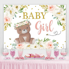 Ours en peluche bébé fille et toile de fond florale pour baby shower