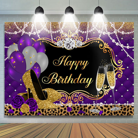 Ballons l¨|opard violet or talons hauts anniversaire toile de fond pour les femmes