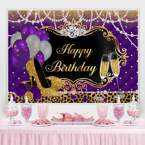 Ballons l¨|opard violet or talons hauts anniversaire toile de fond pour les femmes