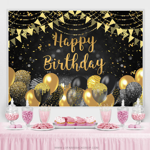 Toile de fond joyeux anniversaire paillettes noir et or bokeh