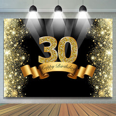 Toile de fond du 30e anniversaire de Bokeh à paillettes noires et dorées