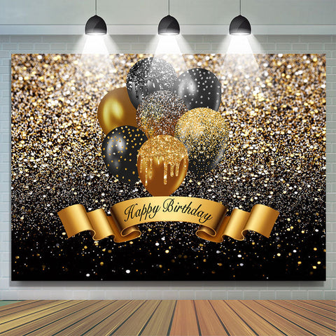 Toile de fond de joyeux anniversaire de ballon de paillettes noires et dorées