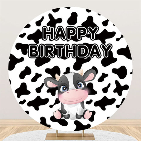 Toile de fond ronde joyeux anniversaire thème vache noir et blanc