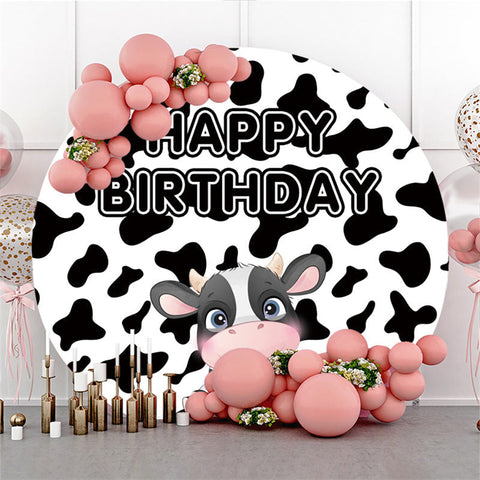 Toile de fond ronde joyeux anniversaire thème vache noir et blanc