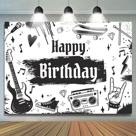 Toile de fond d'anniversaire de musique rock noir et blanc pour garçon