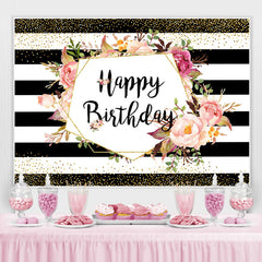 Toile de fond d'anniversaire à rayures noires et blanches et à fleurs